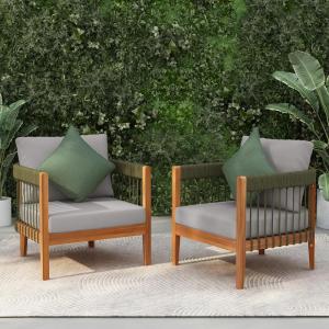 Christopher Knight Home Vinny Outdoor Accent Chairs Set of 2, Acacia Wood Club Chair, Handwoven Rope Armchair with Removable Cushions, Comfort Seating Reading Sofa for Garden Backyard, Green+Beige(Green+grey)