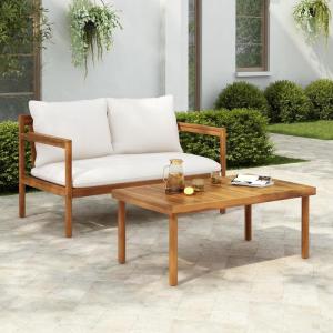 Christopher Knight Home Vorms 5-Piece Acacia Wood Patio Furniture Set with Rope Backrest, Patio Conversation Chat Set for Backyard Balcony, Outdoor 7-Seater Seating Group with Coffee Table, Teak+Cream(Teak+cream  2-seater Set)