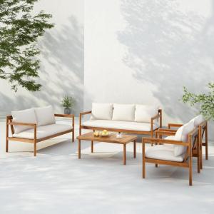 Christopher Knight Home Vorms 5-Piece Acacia Wood Patio Furniture Set with Rope Backrest, Patio Conversation Chat Set for Backyard Balcony, Outdoor 7-Seater Seating Group with Coffee Table, Teak+Cream(Teak+cream  7-seater Set)