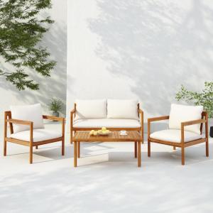 Christopher Knight Home Vorms 5-Piece Acacia Wood Patio Furniture Set with Rope Backrest, Patio Conversation Chat Set for Backyard Balcony, Outdoor 7-Seater Seating Group with Coffee Table, Teak+Cream(Teak+cream  4-seater Set)