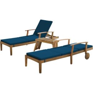 Christopher Knight Home Wesley Outdoor Acacia Wood 3 Piece Chaise Lounge Set, Teak Finish, Cream(Blue)