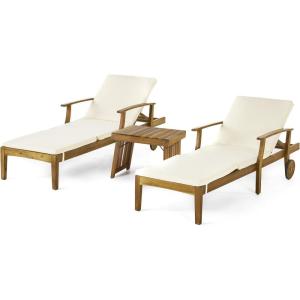 Christopher Knight Home Wesley Outdoor Acacia Wood 3 Piece Chaise Lounge Set, Teak Finish, Cream(Cream)