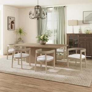 Christopher Knight Home Yera Wooden Kitchen Table Chairs Set of 6, 7 Piece Dining Set with Chairs, Ample Dining Table Set for 6, Comfy Upholstered Curved Back Armchairs, Beige + Light Natural