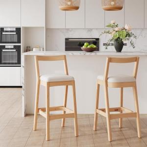 Christopher Knight Home Yone Counter Height Bar Stools Set of 2, Comfy Fabric Upholstered Bar Stool for Kitchen Island, Wooden Dining Room Chair, Barstools with Footrest/Backrest, Beige + Dark Brown(Beige + Natural)