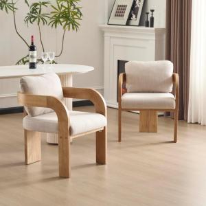 Christopher Knight Home Yorick Modern Dining Chair Set of 2 with Cushion, Solid Wood Dining Room Armchair Set, Curved Backrest Kitchen Side Chair, Living Room Comfy Extra Seat, Black+Beige(Natural+beige)