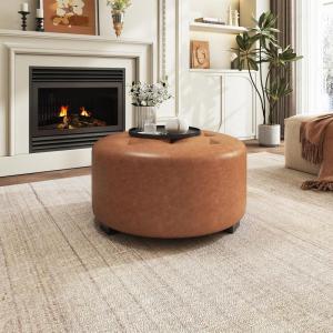Christopher Knight Home York Linen Fabric Upholstered Ottoman, Wooden Round Ottoman Coffee Table, Modern Living Room Ottoman Foot Stool, Extra Seat Sofa Footrest, Beige(Orange Brown)