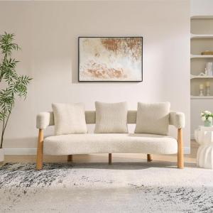 Christopher Knight Home Yulez Curved 3-Seater Sofa Couch with 3 Accent Pillows, Boucle Fabric Upholstered Lounge Seating, 76.5” Home Office Bedroom Sofa Chair, Comfy Wooden Frame Sofa, Sesame Beige(Sesame Beige)