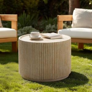 Christopher Knight Home Yunara 17″ H Lightweight Concrete End Table with Stunning Fluted Design, Indoor Outdoor Accent Side Table, Travertine Effect Round Coffee Table, No Assembly, Natural
