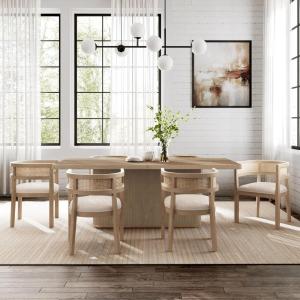 Christopher Knight Home Zed 7 Piece Dining Set with Upholstered Chairs, Wooden Dining Table Set for 6, Spacious Kitchen Table Chairs Set of 6, Armchairs with Rattan Curved Back, Beige + Natural Ash