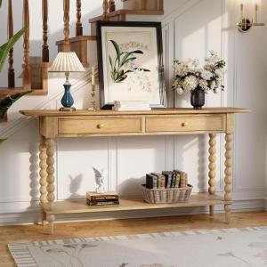 Christopher Knight Home Zeka Narrow Console Table with Storage, Wood Entryway Table with 2 Drawers and 1 Bottom Shelf, Retro Display Table with Unique Spherical Legs for Hallway, Living Room, Black(Natural)