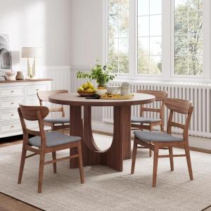Christopher Knight Home Zeka Wooden Round Dining Table Set for 4, 5 Piece Dining Set, Dining Room Table Set for 4, Kitchen Table with Cross Leg and Upholstered Chairs, Light Grey + Natural(Dark Grey + Walnut)