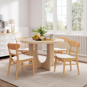 Christopher Knight Home Zeka Wooden Round Dining Table Set for 4, 5 Piece Dining Set, Dining Room Table Set for 4, Kitchen Table with Cross Leg and Upholstered Chairs, Light Grey + Natural(Natural + Beige)