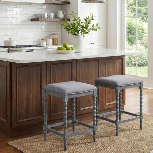 Christopher Knight Home Zeus Backless Counter Height Bar Stools Set of 2, Acacia Wood Counter Stools with Upholstered Seat, Square Bar Stool for Kitchen Island, Dining Room Chair, Natural + Light Gray(Dark Gray)