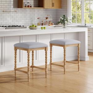 Christopher Knight Home Zeus Backless Counter Height Bar Stools Set of 2, Acacia Wood Counter Stools with Upholstered Seat, Square Bar Stool for Kitchen Island, Dining Room Chair, Natural + Light Gray(Natural + Light Gray)