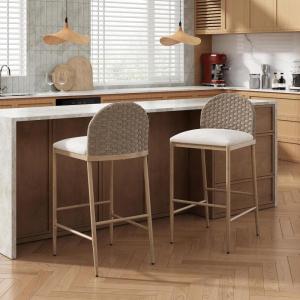 Christopher Knight Home Zicla 29.25” Counter Height Bar Stools Set of 2, Fabric Upholstered Bar Stool with PE Rattan Backrest, Iron Frame Dining Room Chair, Counter Stools with Footrest, Beige+Brown(29.25”)