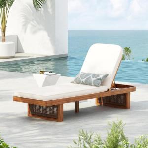 Christopher Knight Home Zusua Acacia Wood Patio Chaise Lounge with Cushion, Outdoor Patio Sun Lounger Recliner Chair, Adjustable Backrest Single Lounge Sofa with PE Rattan Accent, Natural+White