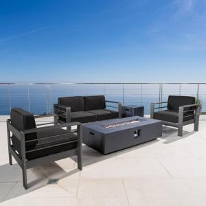 Coral Bay Outdoor Grey Aluminum 5 Piece Loveseat Chat Set with Fire Table (Dark Grey)(Dark Grey)