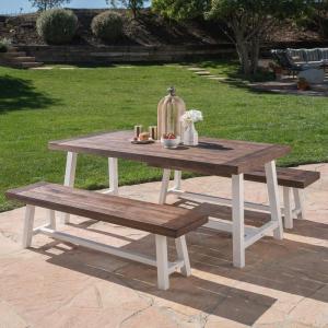 GDFStudio Cassie Outdoor Modern Industrial 3 Piece Acacia Wood Picnic Dining Set with Benches, Sandblasted Dark Brown and White Rustic Metal(Sandblasted Dark Brown  White Rustic Metal)