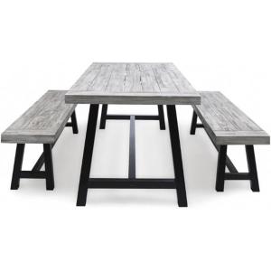 GDFStudio Cassie Outdoor Modern Industrial 3 Piece Acacia Wood Picnic Dining Set with Benches, Sandblasted Dark Brown and White Rustic Metal(Sandblasted Light Gray  Black Rustic Metal)