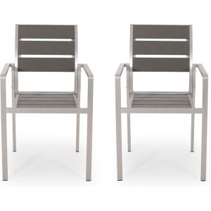 GDFStudio Outdoor Modern Aluminum Dining Chair with Faux Wood Seat (Set of 2), Gray and Silver(Gray/Silver)
