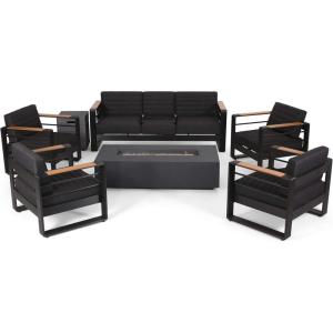 Giovanna Outdoor 7 Seater Chat Set with Fire Pit – Aluminum – Black/Natural/Dark Gray
