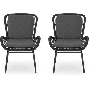 Great Deal Furniture Alice Outdoor Wicker Club Chair with Cushions (Set of 2), Light Brown and Beige, (310469)(Gray  Dark Gray)