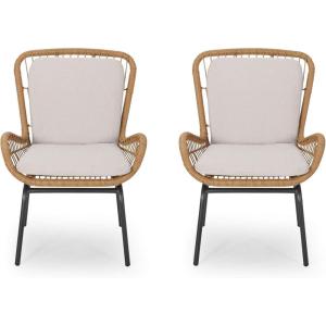 Great Deal Furniture Alice Outdoor Wicker Club Chair with Cushions (Set of 2), Light Brown and Beige, (310469)(Light Brown + Beige)