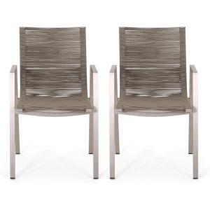 Great Deal Furniture Elma Outdoor Modern Aluminum Dining Chair with Rope Seat (Set of 2), Gray and Dark Gray(Silver + Taupe)