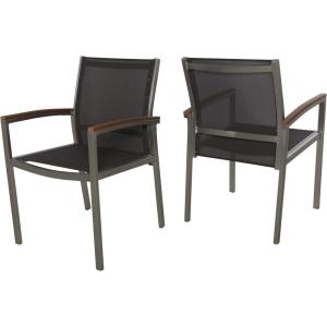 Great Deal Furniture Emma Patio Dining Chairs – Aluminum – Outdoor Mesh Seats – Faux Wood Arms – Set of 2 – Silver with Gray and Natural Finish(Acacia)