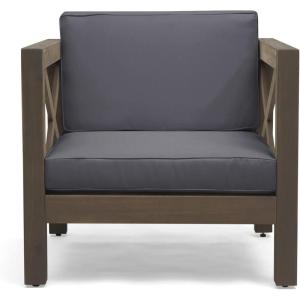 Great Deal Furniture Indira Outdoor Acacia Wood Club Chair with Cushion, Teak Finish and Beige,308358(Gray Finish + Dark Gray)