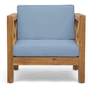 Great Deal Furniture Indira Outdoor Acacia Wood Club Chair with Cushion, Teak Finish and Beige,308358(Teak Finish + Blue)