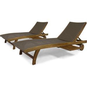 Great Deal Furniture Kimberley Outdoor Wicker and Wood Chaise Lounge with Pull-Out Tray, Set of 2, Brown, Teak Finish, (307671)(Brown + Teak Finish)