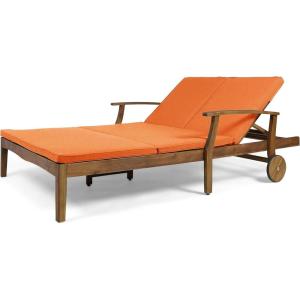 Great Deal Furniture Samantha Double Chaise Lounge for Yard and Patio, Acacia Wood Frame, Teak Finish with Cream Cushions, (307569)(Orange)