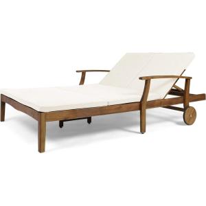 Great Deal Furniture Samantha Double Chaise Lounge for Yard and Patio, Acacia Wood Frame, Teak Finish with Cream Cushions, (307569)(Teak Finish + Cream)