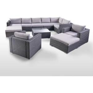 Great Deal Furniture Tom Rosa Outdoor 8 Seater Wicker Sectional Sofa Set with Cushions, Grey with Silver Cushions(Grey/Silver Cushion)