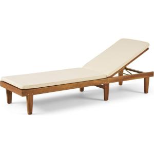 Great Deal Furniture Yvette Outdoor Acacia Wood Chaise Lounge and Cushion Set, Teak and Blue,309787(Cream)