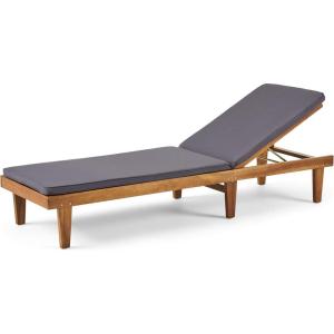 Great Deal Furniture Yvette Outdoor Acacia Wood Chaise Lounge and Cushion Set, Teak and Blue,309787(Dark Gray)
