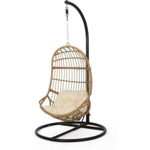 Mariah Outdoor Wicker Hanging Chair with Stand, Light Brown and Beige(Light Brown + Beige + Black)