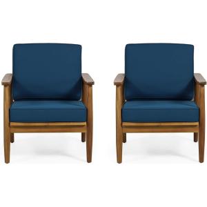 Willowbrook Outdoor Club Chair with Cushion – Acacia Wood – Teak (Set of 2)(Teak)