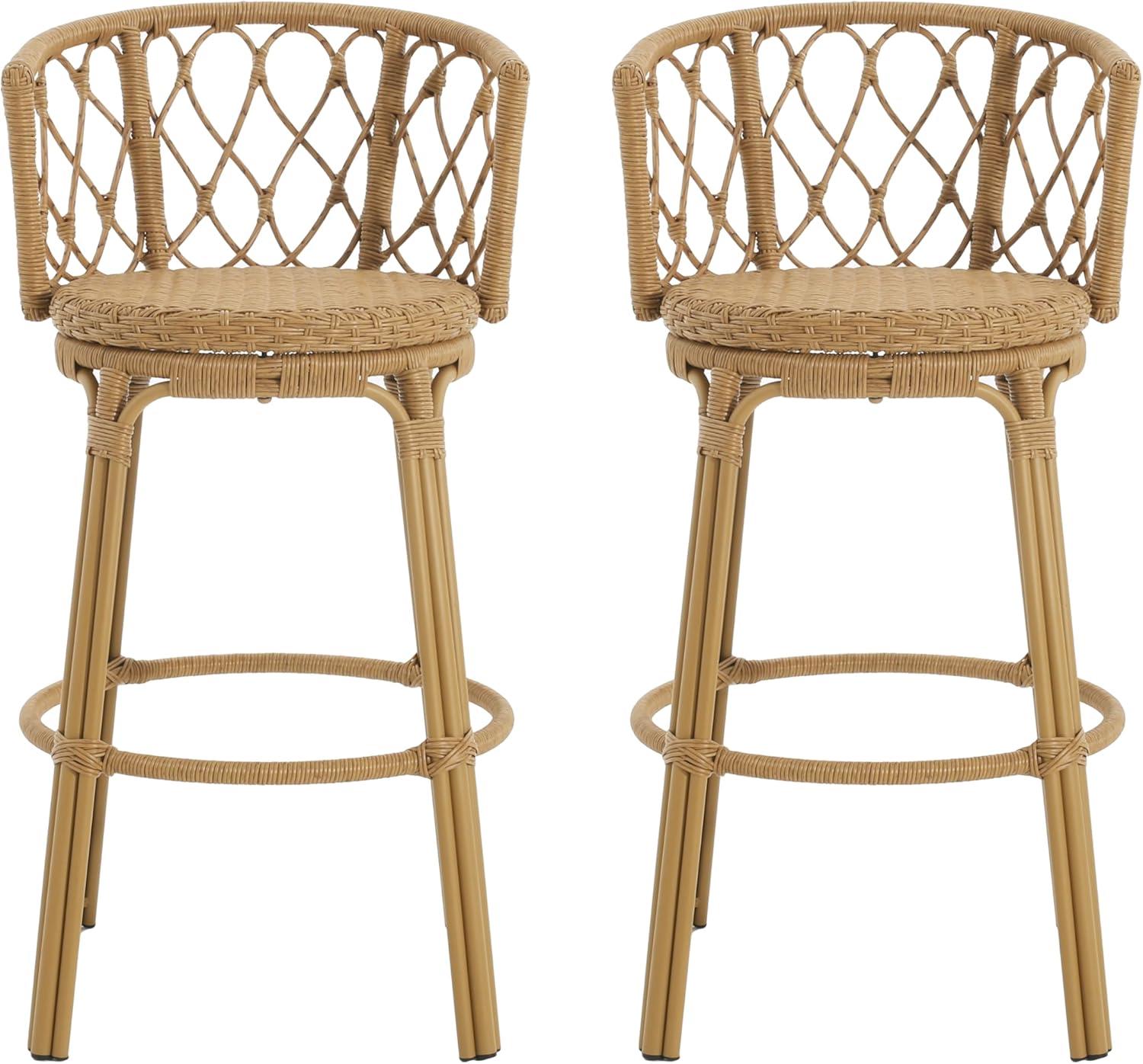 imageChristopher Knight Home Harrison 2875quotH Outdoor Barstools Set of 2 Rattan Bar Chair Barrel Backrest Counter Stool Country Style Bistro Stool Patio Barstools for Gardern Orchard Yard Light Brown