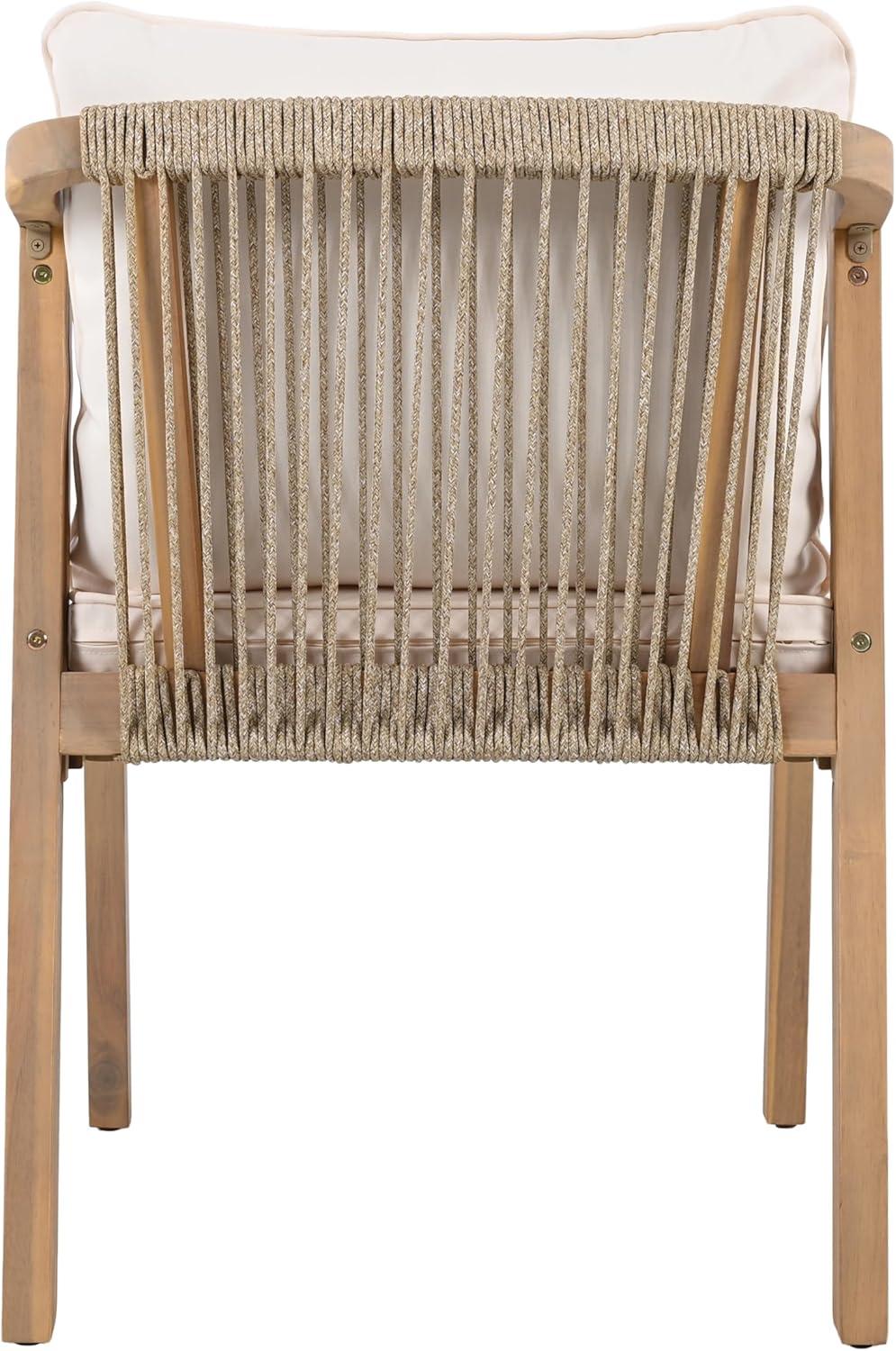 imageChristopher Knight Home Hawes Acacia Wood Outdoor Dining Chair Set of 2 with Cushion Wooden Patio Dining Armchair Set with Rope Woven Backrest Patio Furniture Set for Outdoor DinnerLight TeakCream