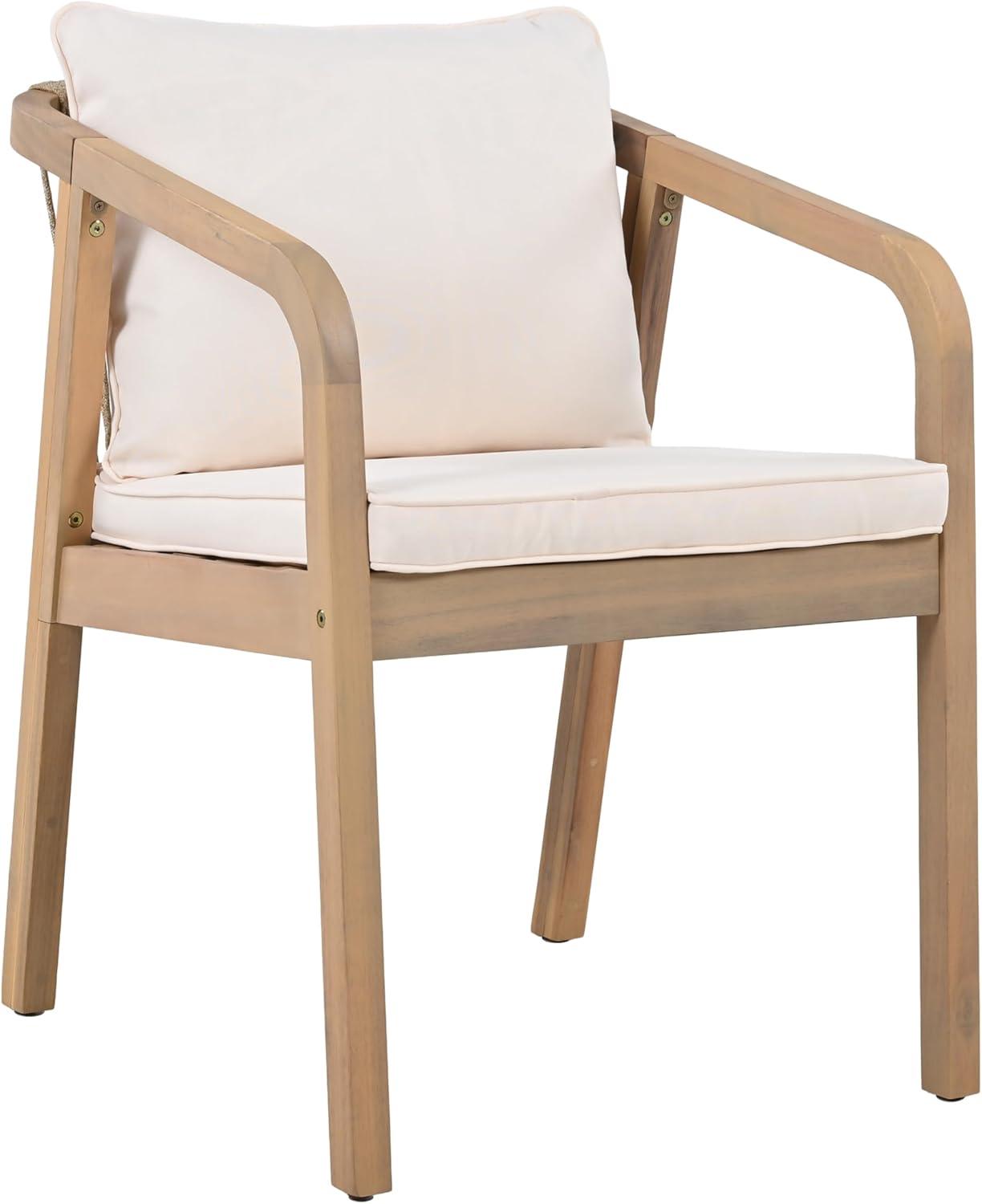 imageChristopher Knight Home Hawes Acacia Wood Outdoor Dining Chair Set of 2 with Cushion Wooden Patio Dining Armchair Set with Rope Woven Backrest Patio Furniture Set for Outdoor DinnerLight TeakCream