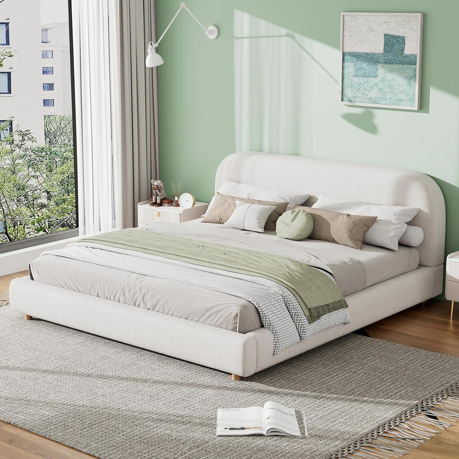 imageChristopher Knight Home King Size Platform Bed Boucle Fabric Headborad and Bed Frame Upholstered CurveShaped Design Headboard Wood Bedpost and Slat Modern Design Bed Set Easy Assembly WhiteWhite Boucle