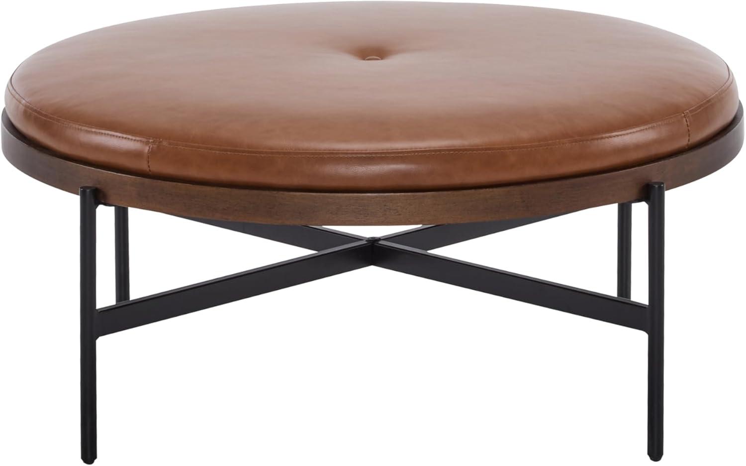 imageChristopher Knight Home Neapo Round Ottoman Cocktail Ottoman Upholstery Coffee Table X Shape Legs Comfortable Footstool Durable Metal Frame Spacious Seating for Living Room Entryway BrownBlack