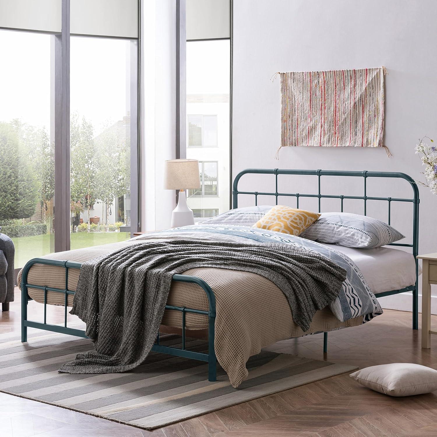 imageChristopher Knight Home Rando Metal Queen Bed Frame No Box Spring Needed Sturdy Platform Bed Frame Queen Size with Curved HeadboardFootboard Iron Bed Support and Slats Easy Assembly BlueBlue