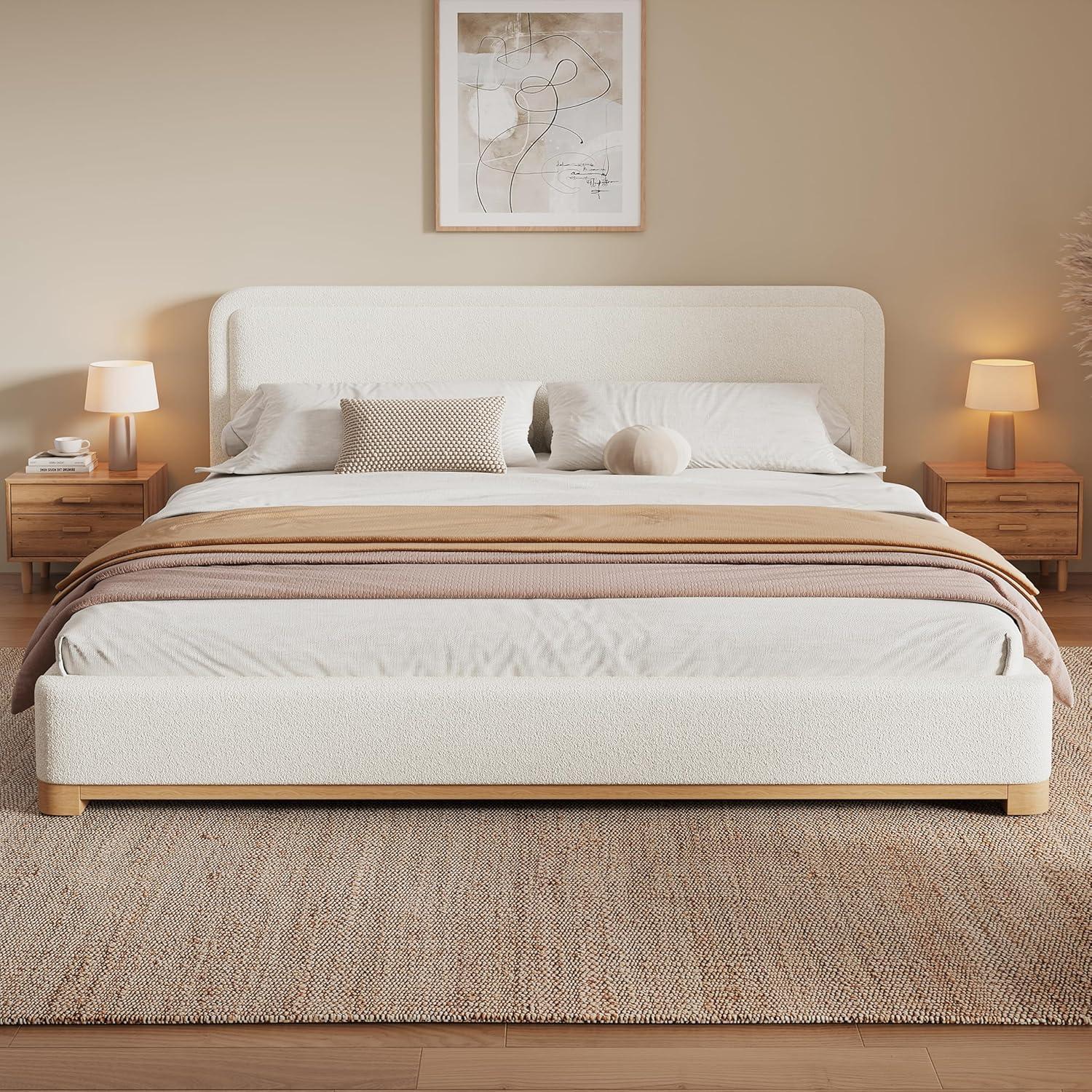 imageChristopher Knight Home Robey King Size Platform Bed Frame Boucle Fabric King Size Bed Frame and Headboard Modern King Bed Set Wooden Slat Support No Box Spring Needed Easy Assembly WhiteWhite