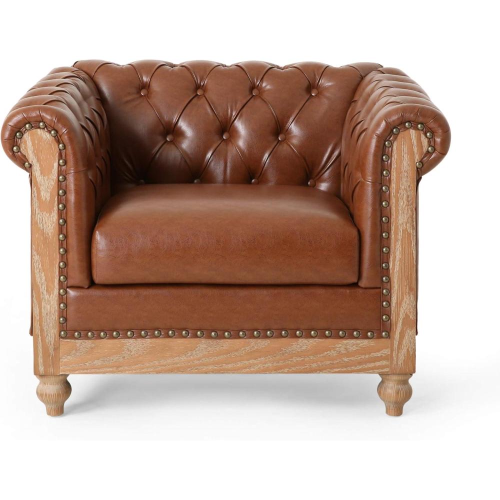 imageCastalia Tufted Club Chair with Nailhead Trim  Cognac BrownNatural
