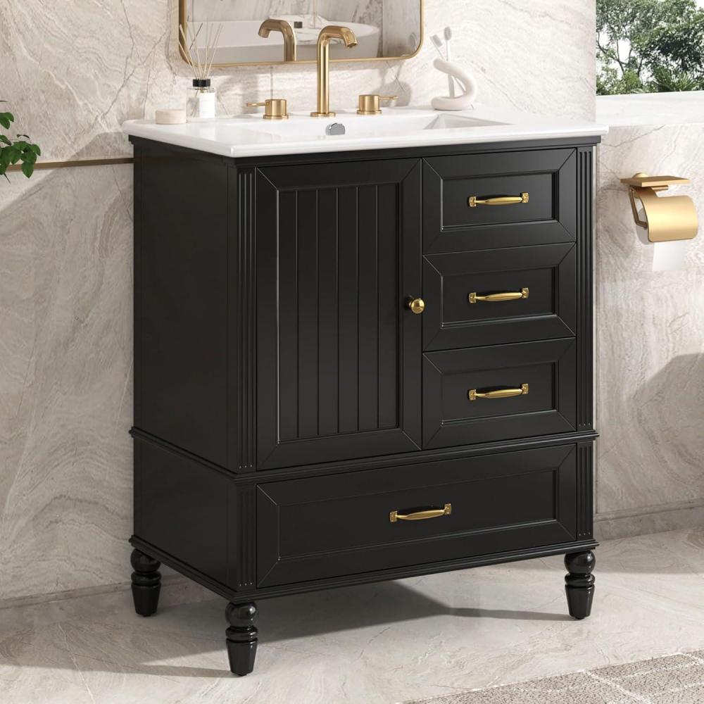 imageChristopher Knight Home 30quot Bathroom Vanity with Ceramic Sink Bathroom Storage Cabinet with Door Hinges 3 Drawers Acacia Wood Legs ampamp MDF Board Metal Handles Open Back Adjustable Foot Pads BlackBlack
