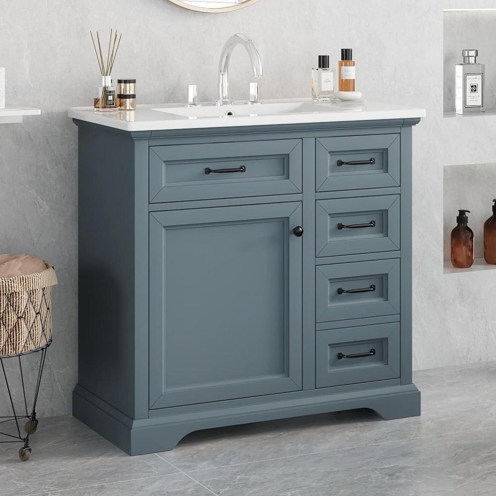 imageChristopher Knight Home 36quot Bathroom Vanity with Ceramic Sink Wooden Bathroom Vanity Organizer Bathroom Storage Cabinet Pedestal Sink Storage Cabinet Adjustable Door ShelvesDrawer Green GreyBlue Gray