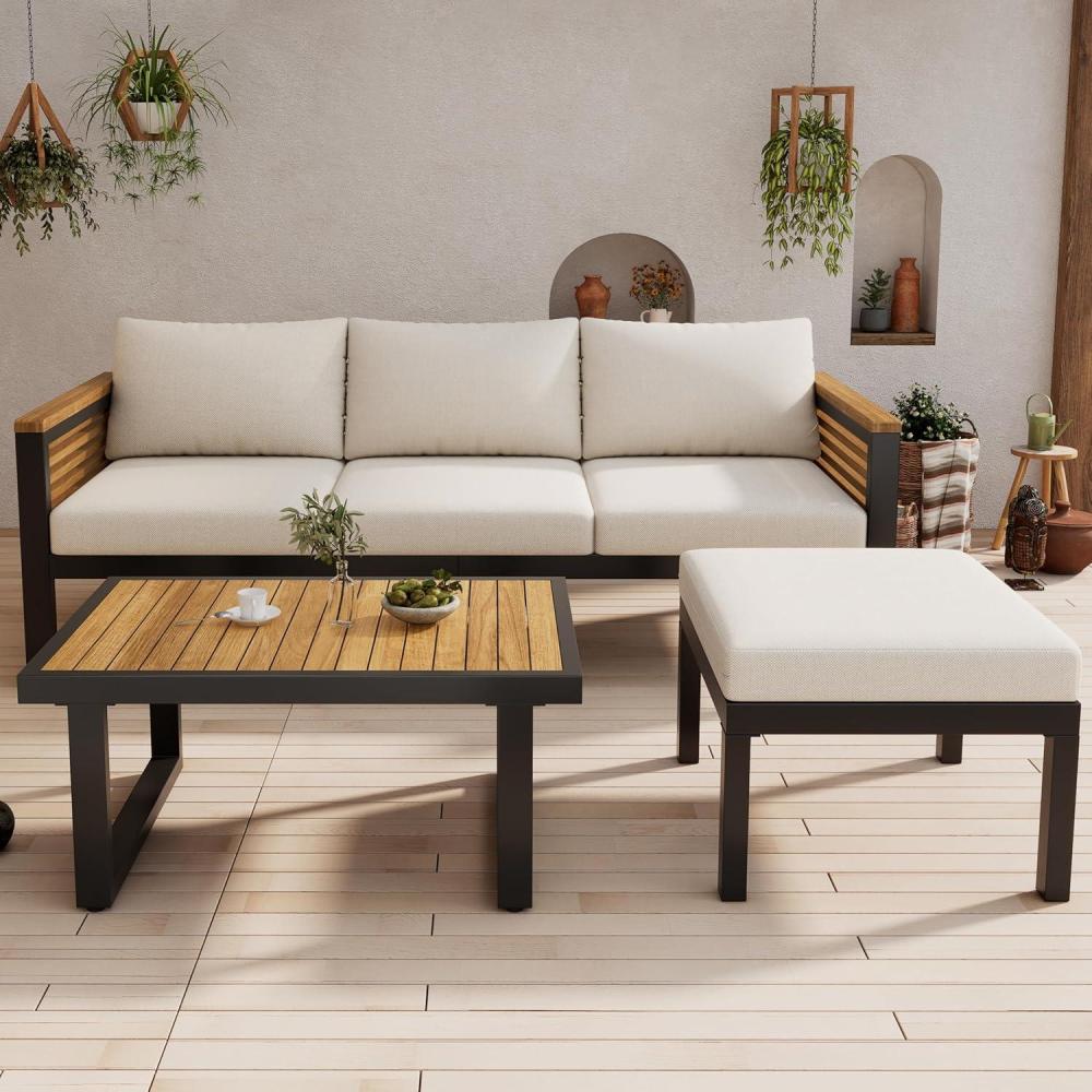 imageChristopher Knight Home Alvin 3Piece Acacia Wood Metal Patio Furniture Set Outdoor Sectional Conversation Sofa Chat Set with Coffee Table and Ottoman for Backyard or Balcony TeakBeigeBlackTeakbeigeblack 3pcs Set